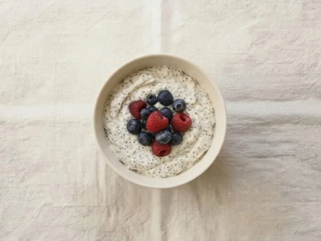 Maple chia pudding topped with berries