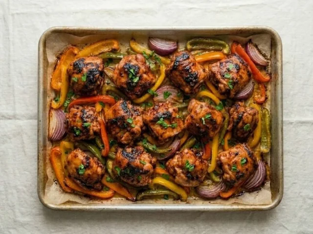 Sheet pan of harissa chicken thighs with peppers and red onion