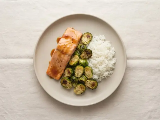 Maple-mustard salmon with Brussels sprouts and rice